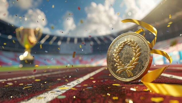A gold medal on the track and field stands in front of an open stadium with red tracks, with confetti flying around it. 