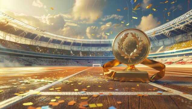 A gold medal on the track and field stands in front of an open stadium with red tracks, with confetti flying around it. 