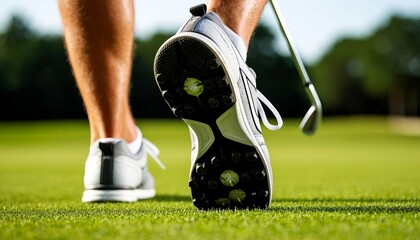 A close-up of a golfer's feet on green grass, wearing white golf shoes. A golf club is held in the background, indicating a game of golf in progress.