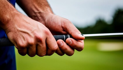 Close-up of a man's hands gripping a golf club. The background shows a green golf course with blurred grass and trees. Focus on the technique of holding the club.
