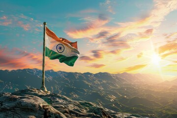 3d illustration of Indian flag with sun rising in background, wide banner