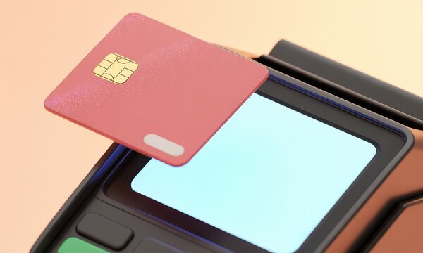 Stylized pink credit card with gold chip floating over a sleek black payment terminal