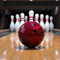 Shiny red bowling ball on a wooden lane ready to strike white pins at a bowling alley