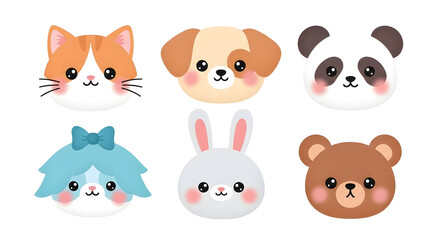 Adorable cartoon animal faces, featuring a cat, dog, panda, bunny, and bear, all smiling.