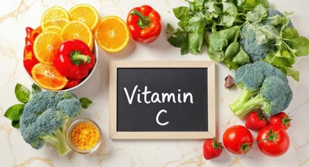 Overhead flat lay of colorful vitamin c rich foods including oranges, broccoli, and bell peppers