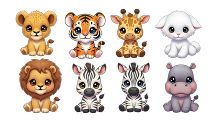 Adorable cartoon illustrations featuring a collection of cute baby animals, all sitting.