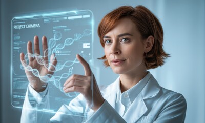 Woman scientist in lab coat interacting with futuristic DNA data on transparent smart glass display
