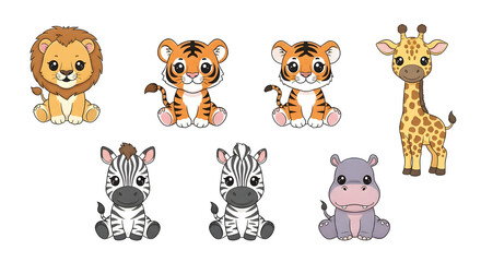 Fototapeta premium Adorable cartoon depictions of a lion, tigers, giraffes, zebras, and a hippopotamus.