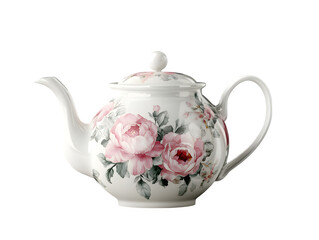realistic porcelain teapot mockup, front view with a floral design, isolated on transparent background