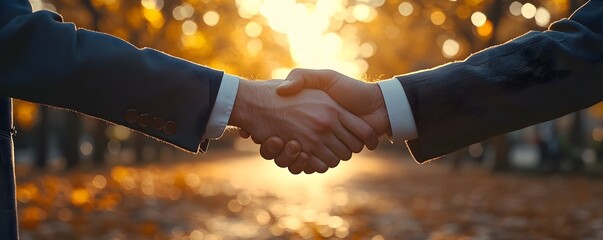 Golden Hour Handshake: Businessmen Sealing Deal in Autumn Park