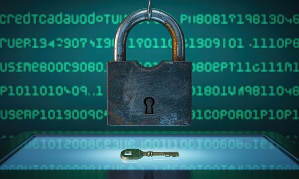 Rustic iron padlock with a golden key symbolizing digital data security and access control