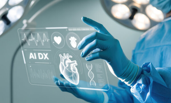 Surgeon using advanced AI diagnostic technology to analyze heart and DNA data on transparent screen - Powered by Adobe