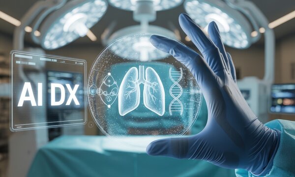 Surgeon gloved hand interacting with futuristic AI diagnostic hologram of lungs and DNA in modern operating room