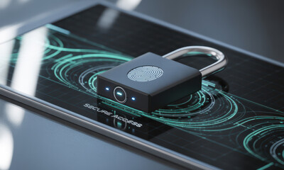 Futuristic biometric fingerprint padlock on digital screen for secure access and data protection