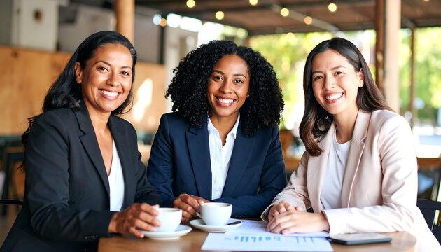 Smiling Diverse Businesswomen at Cafe Table Happy Teamwork with Collaboration, and Success. - Powered by Adobe