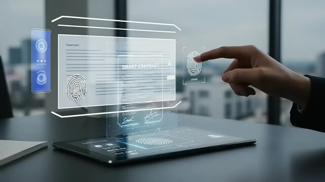 Futuristic digital interface showcasing biometric data analysis in a modern office setting - Powered by Adobe