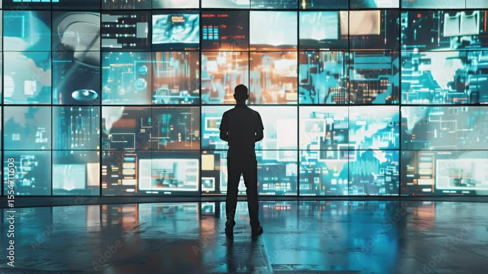 Poster A person facing a large display of screens, ideal for digital or technological concepts