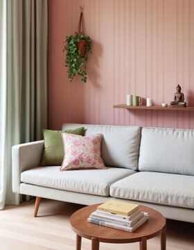 living room with pink shiplap