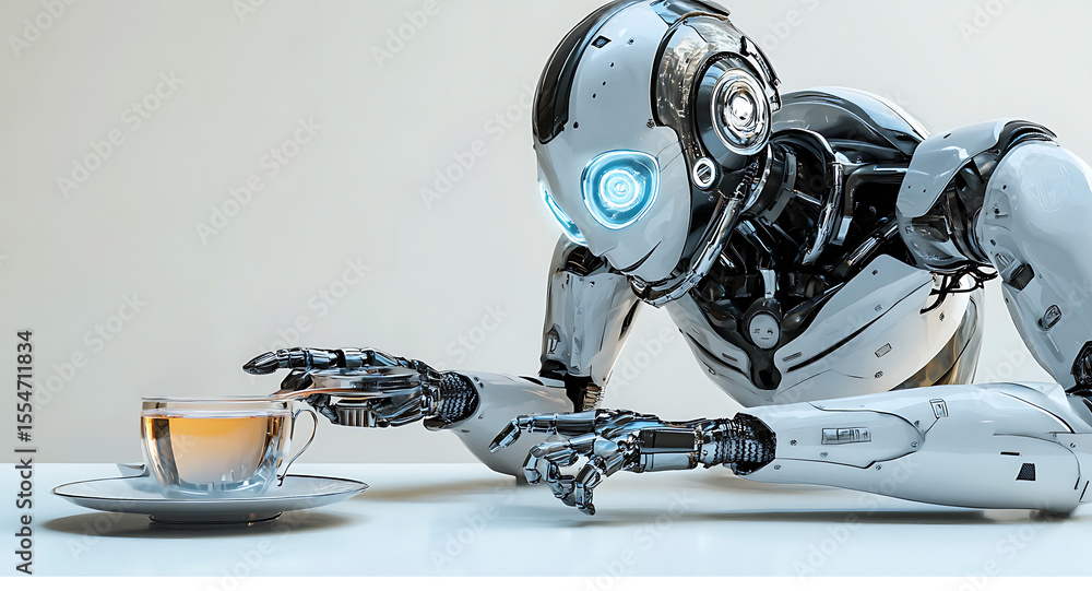 Poster futuristic robot enjoying tea moment of artificial intelligence and technology advancement robotic f