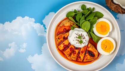 Delicious crispy chili-marinated chicken platter colorful outdoor setting gourmet food photography bright sky background