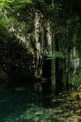 Scenic view of a cave entrance with hanging vines and crystal-clear water at Krupajsko vrelo in Serbia country in spring season.