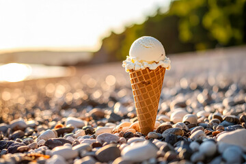Ice cream cone on beach rocks summer treat sweet dessert vacation