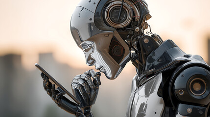Futuristic robot using mobile phone artificial intelligence concept advanced technology shiny metal cyborg innovation