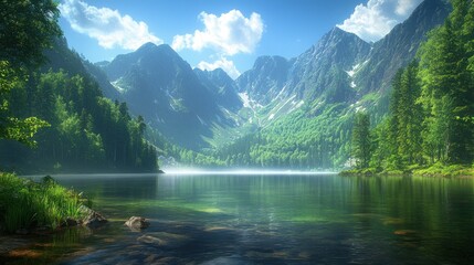 Serene mountain lake bathed in sunlight. Lush forests frame a tranquil alpine lake, reflecting the towering peaks