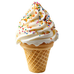 Delicious soft serve ice cream cone topped with colorful sprinkles on a transparent background, cutout PNG