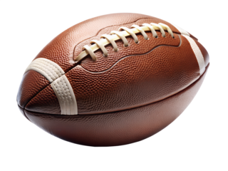 Detailed close up of a brown american football with white laces isolated on transparent background