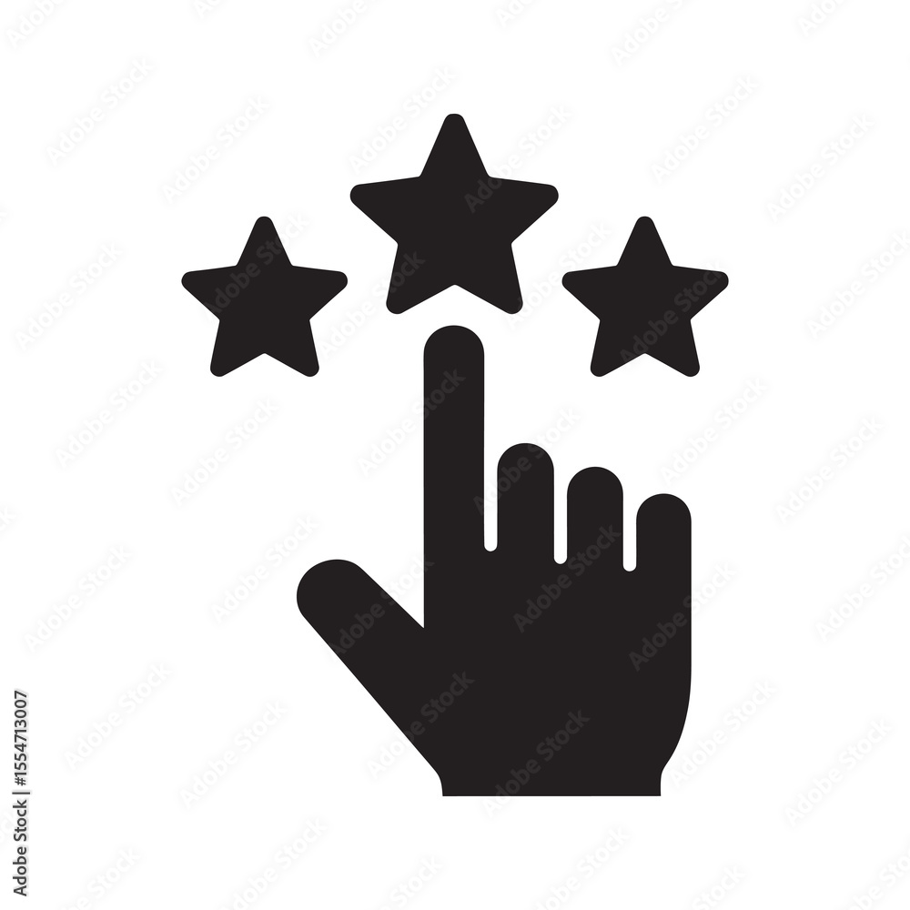 Poster customer feedback rating icon with hand pointing to stars for quality review and satisfaction survey