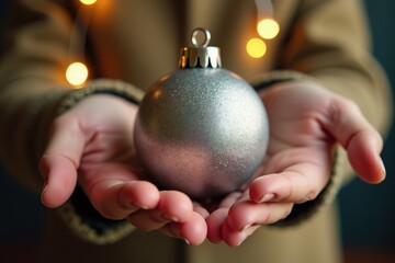 Close-up of a small child's palm holding a shiny silver Christmas ball. The background glows softly with warm holiday lights