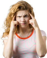 Image of a thinking young girl. Looking camera have an idea. Stands on a white background.