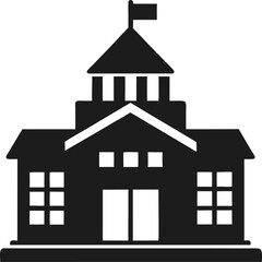 Bulding school flat icon on round button in long shadow style.