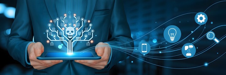 Businessman holding tablet with futuristic digital tree, symbolizing technological growth, innovation, and interconnected digital ecosystems