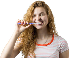 Portrait of a smiling cute woman with red curly hair holding toothbrush isolated on a white background