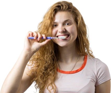 Portrait of a smiling cute woman with red curly hair holding toothbrush isolated on a white background