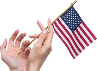 A beautiful female hand holds an American flag on a white background.