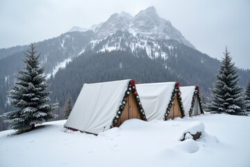 Christmas-decorated tents stand at the foot of a snowy mountain. Lonely fir trees grow nearby, and soft snow covers the ground all around