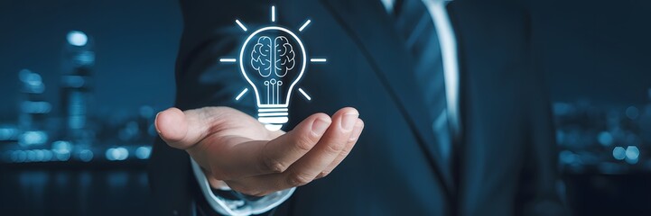Businessman holding glowing brain-shaped light bulb in open hand with city backdrop, representing visionary innovation, intelligence, and modern technology