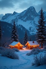 A group of Christmas-lit tents sits at the base of a snowy mountain. Single fir trees stand tall nearby, with snow blanketing the ground
