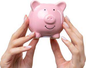 3d pink piggy bank in the beautiful hands of a girl.