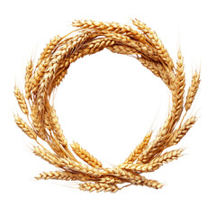 Wheat wreath made from golden stalks of dried wheat arranged in a circular pattern with a transparent background, cutout PNG