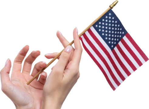 A beautiful female hand holds an American flag on a white background.