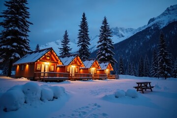 A group of Christmas-lit tents sits at the base of a snowy mountain. Single fir trees stand tall nearby, with snow blanketing the ground