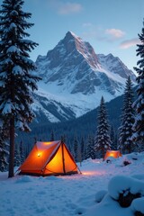 Christmas tents glow warmly at the base of a snowy mountain. Lonely fir trees stand nearby, and fresh snow covers the peaceful winter landscape