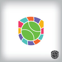 Security shield and tennis ball logo. Unique design identity. Geometric sport flat logo template.