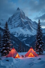 Christmas tents glow warmly at the base of a snowy mountain. Lonely fir trees stand nearby, and fresh snow covers the peaceful winter landscape