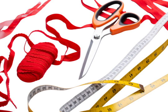 Sewing accessories on a white table. Scissors, measuring tape, fabric, cloth, red tape.