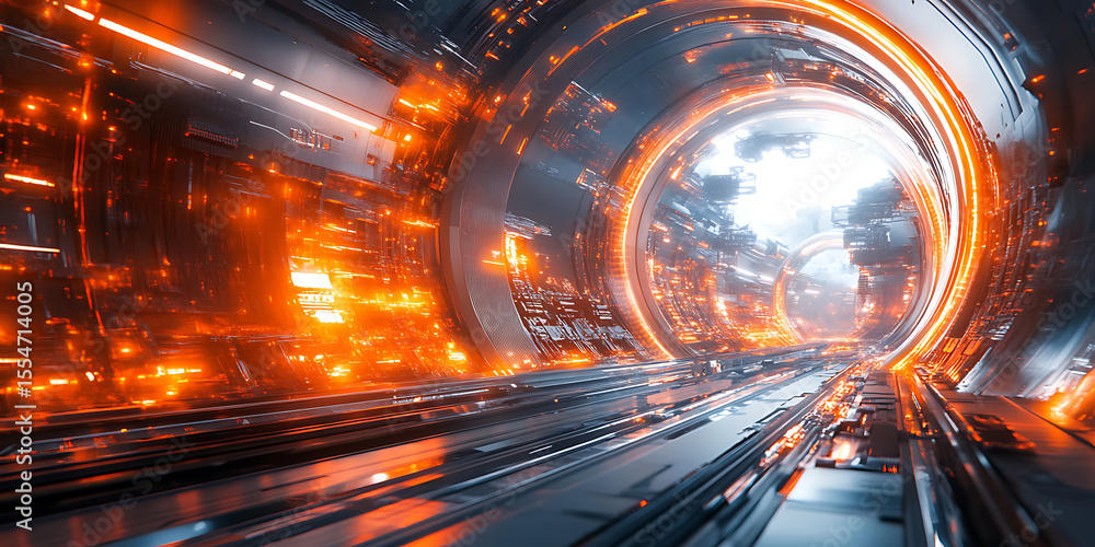 Poster futuristic scifi tunnel with orange glowing lights,data stream and cyberpunk architecture,visualizin